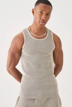Muscle Fit Textured Vest With Woven Tab Grey