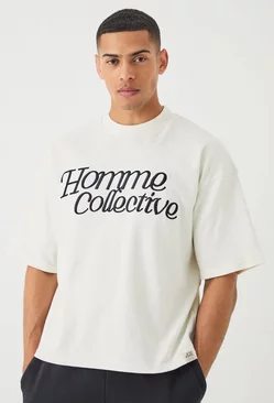 Oversized Boxy Heavyweight Homme Embroidered T-shirt Ecru