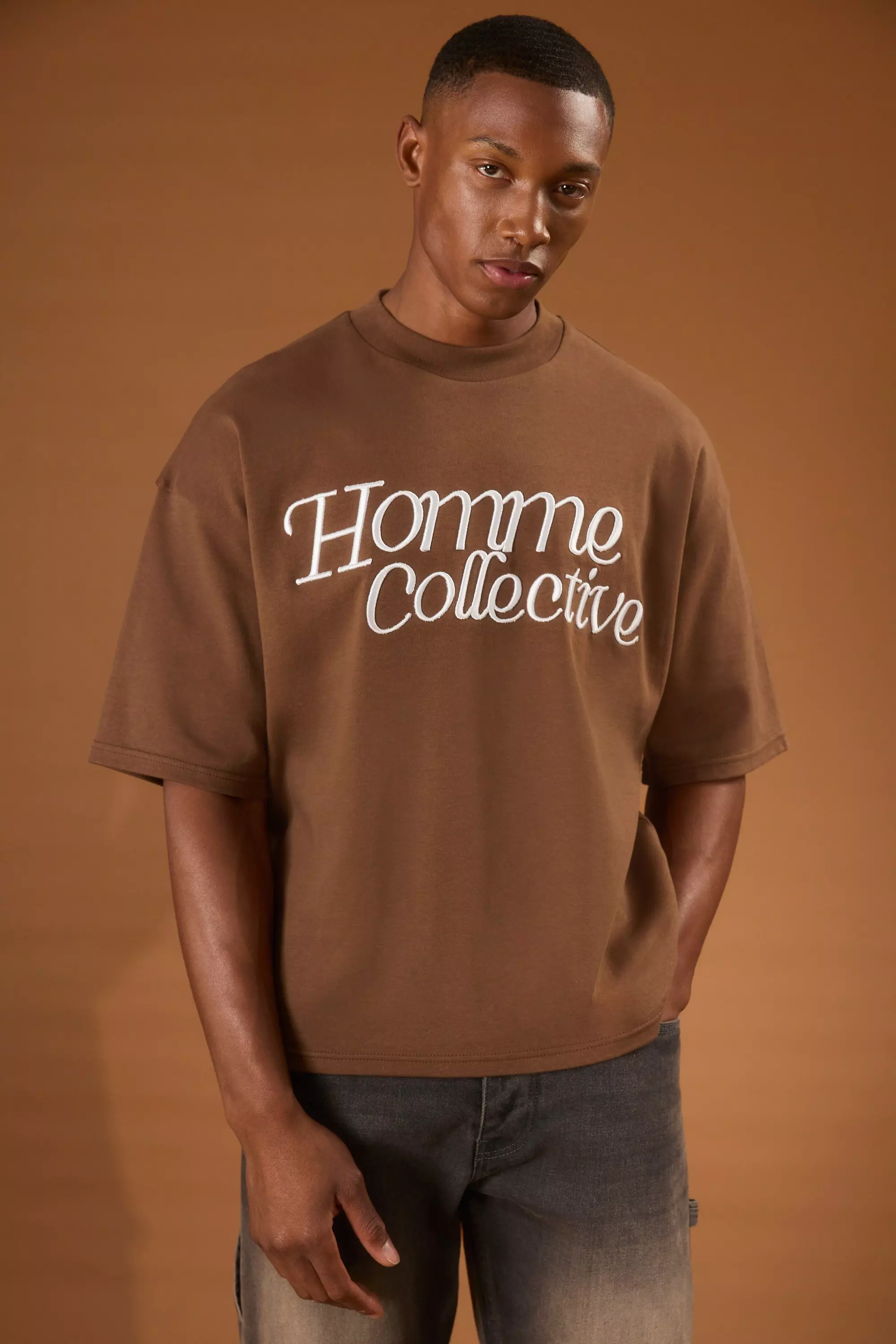 Chocolate Brown Oversized Boxy Heavyweight Homme Embroidered T-shirt