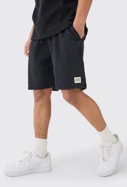 Relaxed Mid Length Textured Short With Woven Tab Black