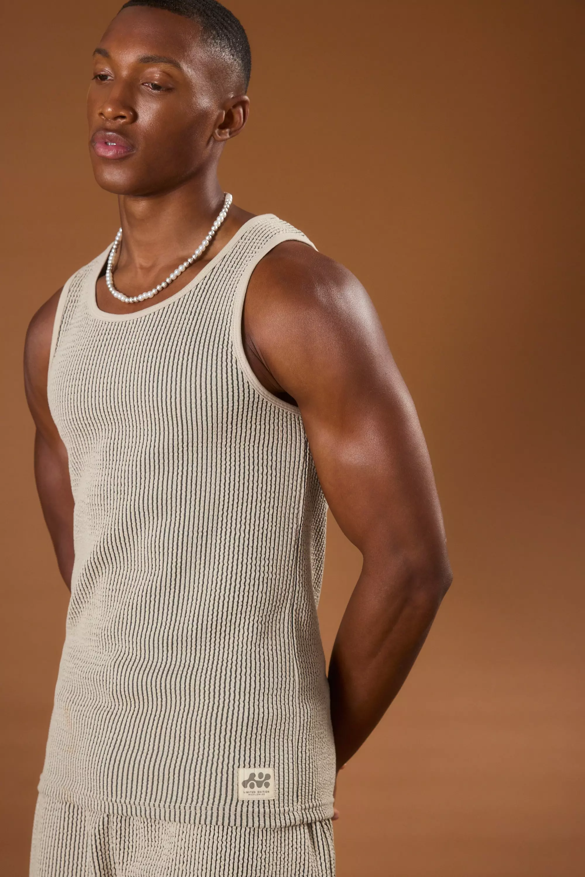 Muscle Fit Textured Vest With Woven Tab White