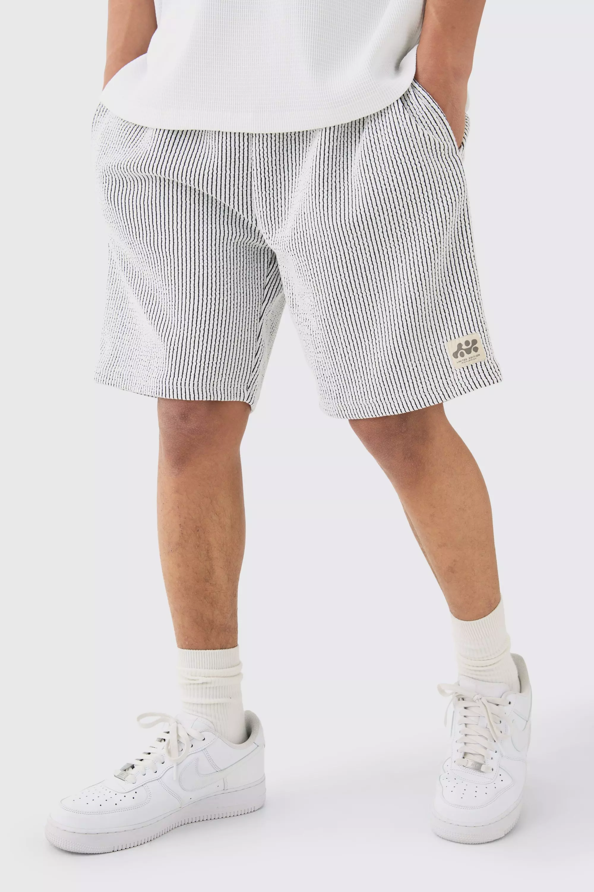 Relaxed Mid Length Textured Short With Woven Tab White