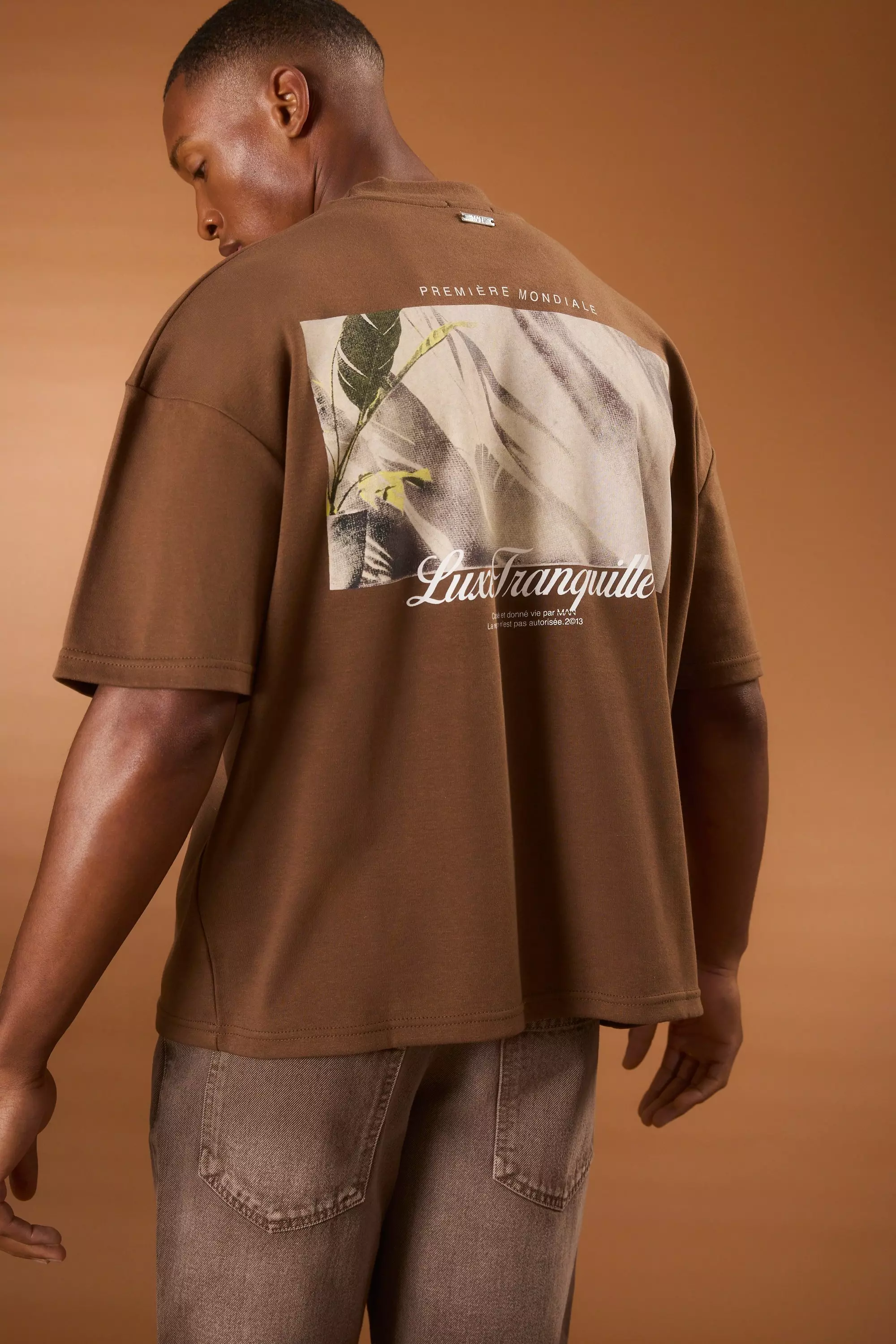 Chocolate Brown Oversized Boxy Heavyweight Embroidered Puff Print T-shirt