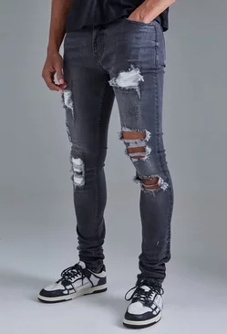 Grey Skinny Stretch Stacked White Pu Biker Rip & Repair Jeans