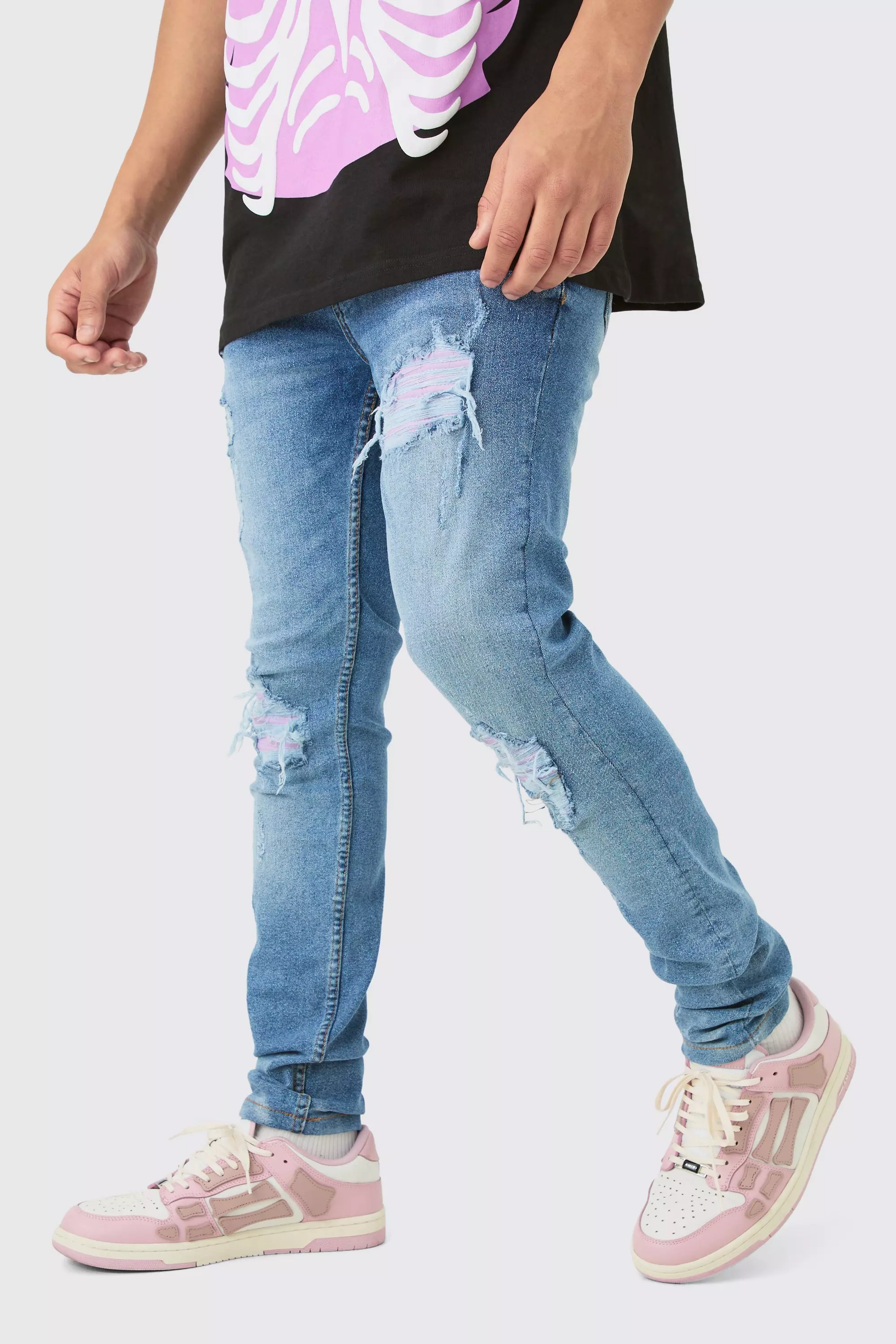 Blue Skinny Stretch Lilac Pu Biker Rip & Repair Jeans