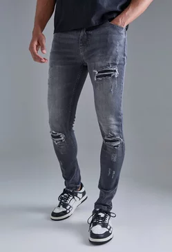 Skinny Stretch Black Pu Biker Rip & Repair Jeans Charcoal