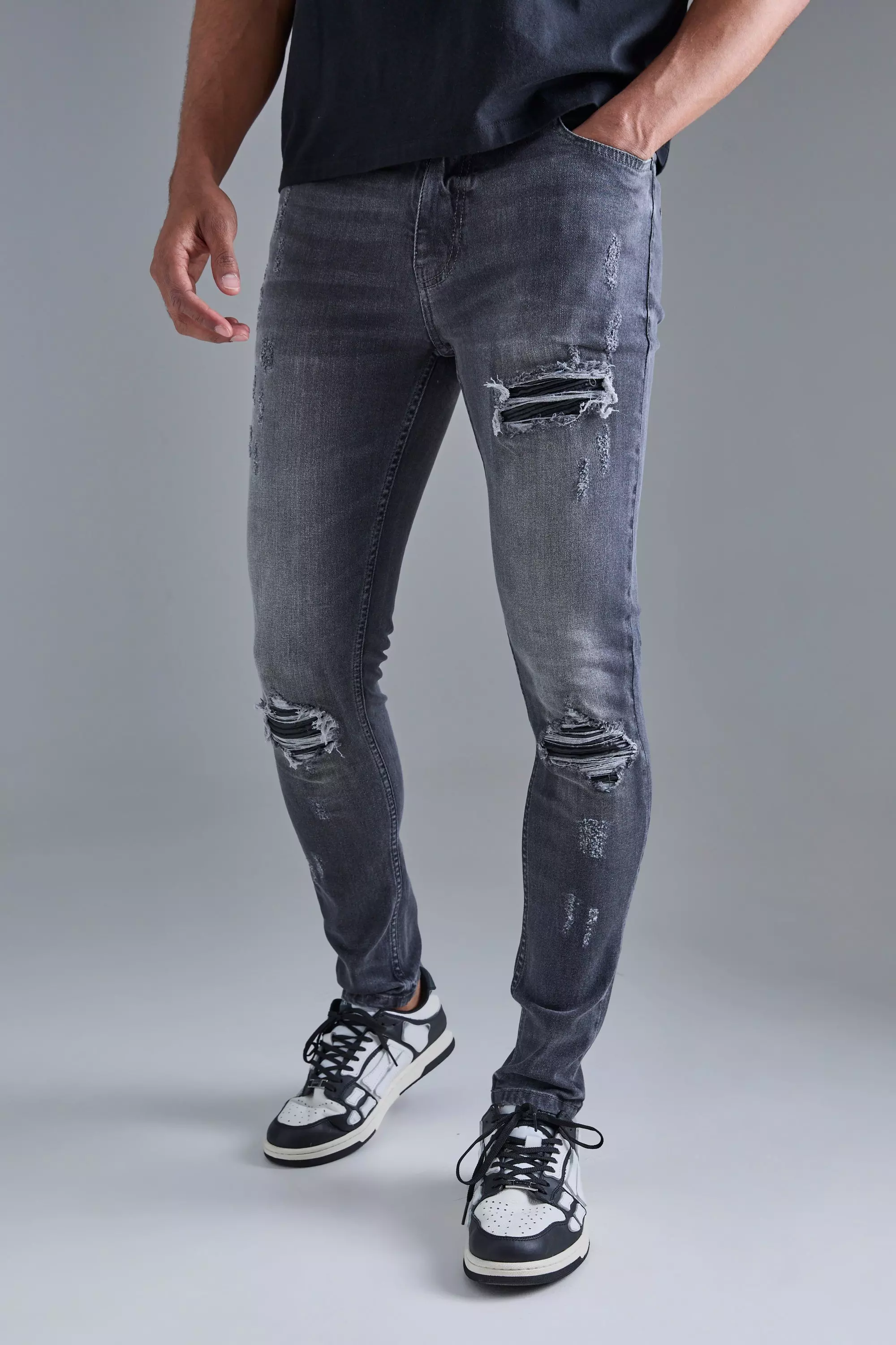 Charcoal Grey Skinny Stretch Black Pu Biker Rip & Repair Jeans