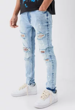 Blue Skinny Stretch Paint Splatter Ripped Jeans
