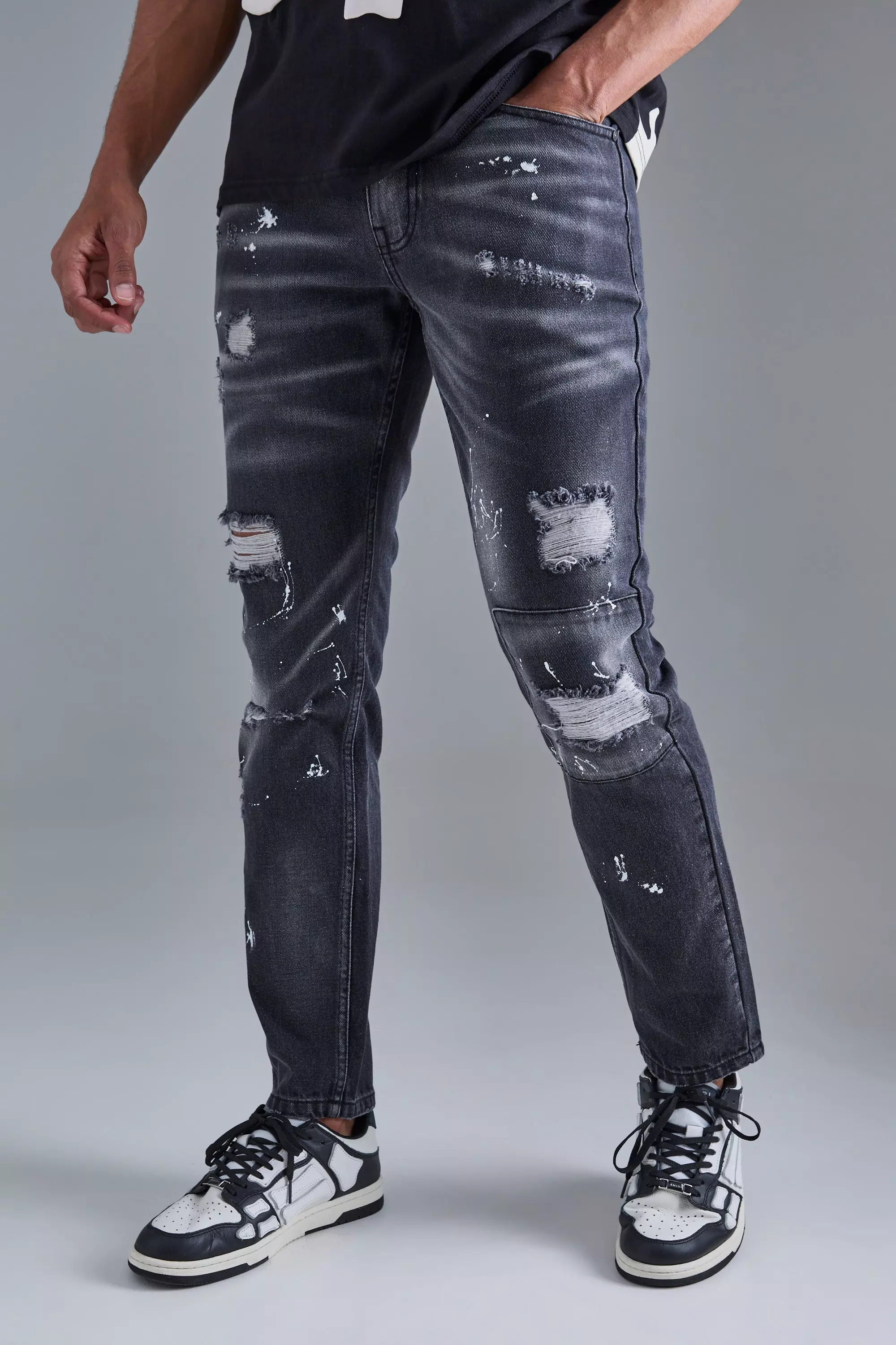 Slim Rigid All Over Paint Detail Knee Ripped Jeans Washed black