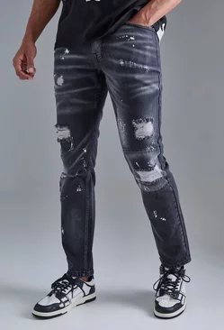 Slim Rigid All Over Paint Detail Knee Ripped Jeans Washed black