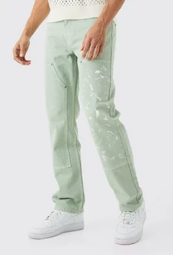 Sage Green Relaxed Rigid Carpenter Paint Splatter Overdyed Jeans