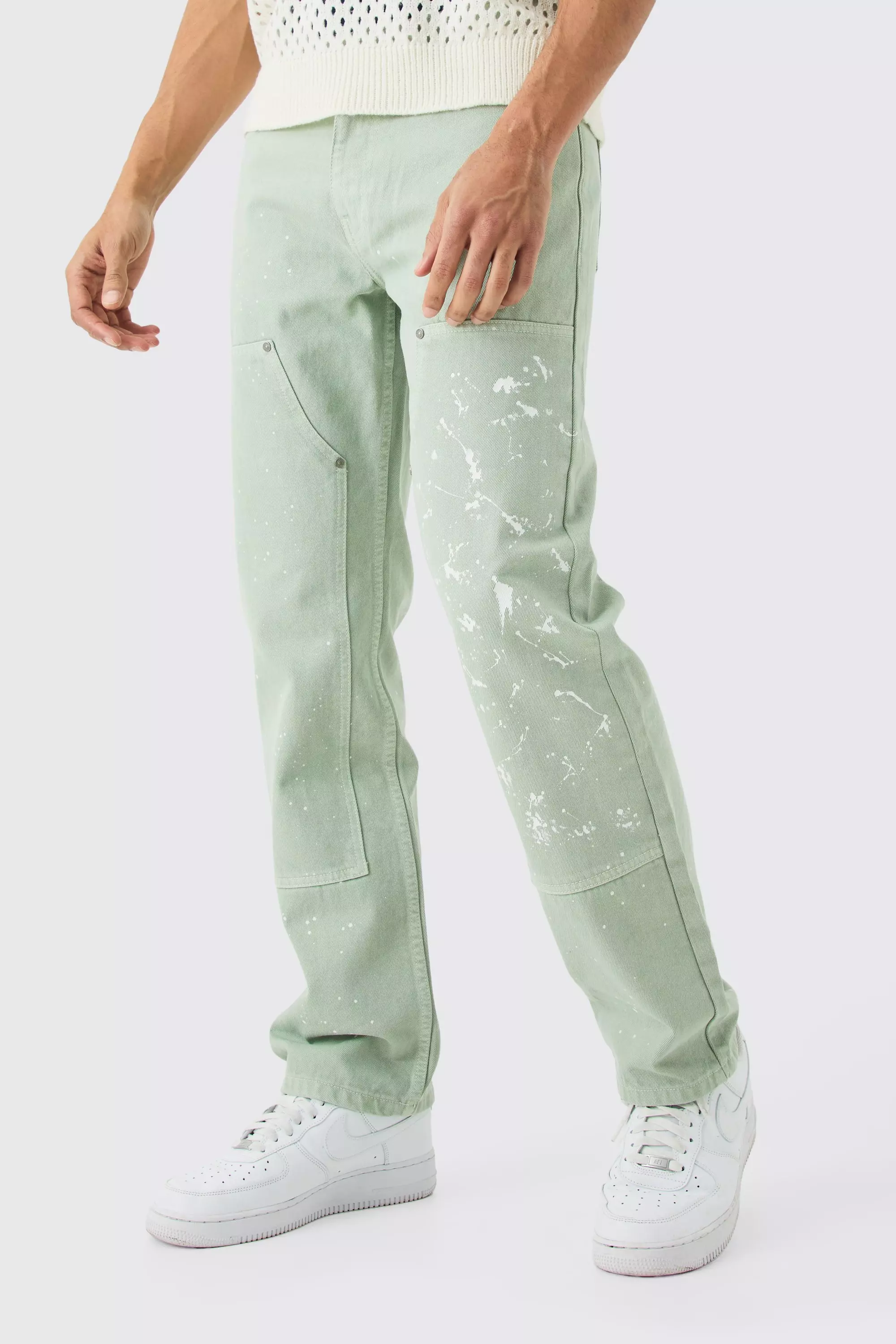 Sage Green Relaxed Rigid Carpenter Paint Splatter Overdyed Jeans