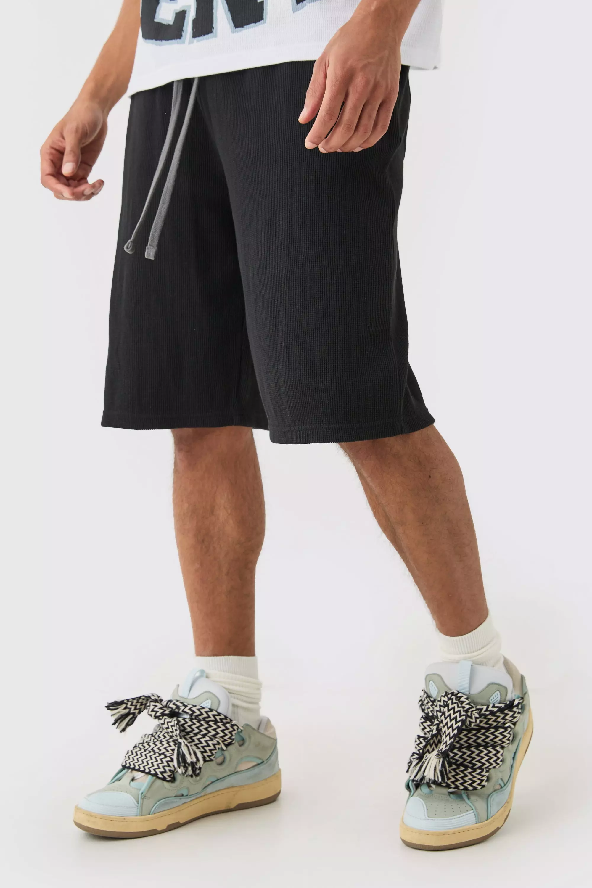 Oversized Long Length Heavyweight Waffle Shorts Black