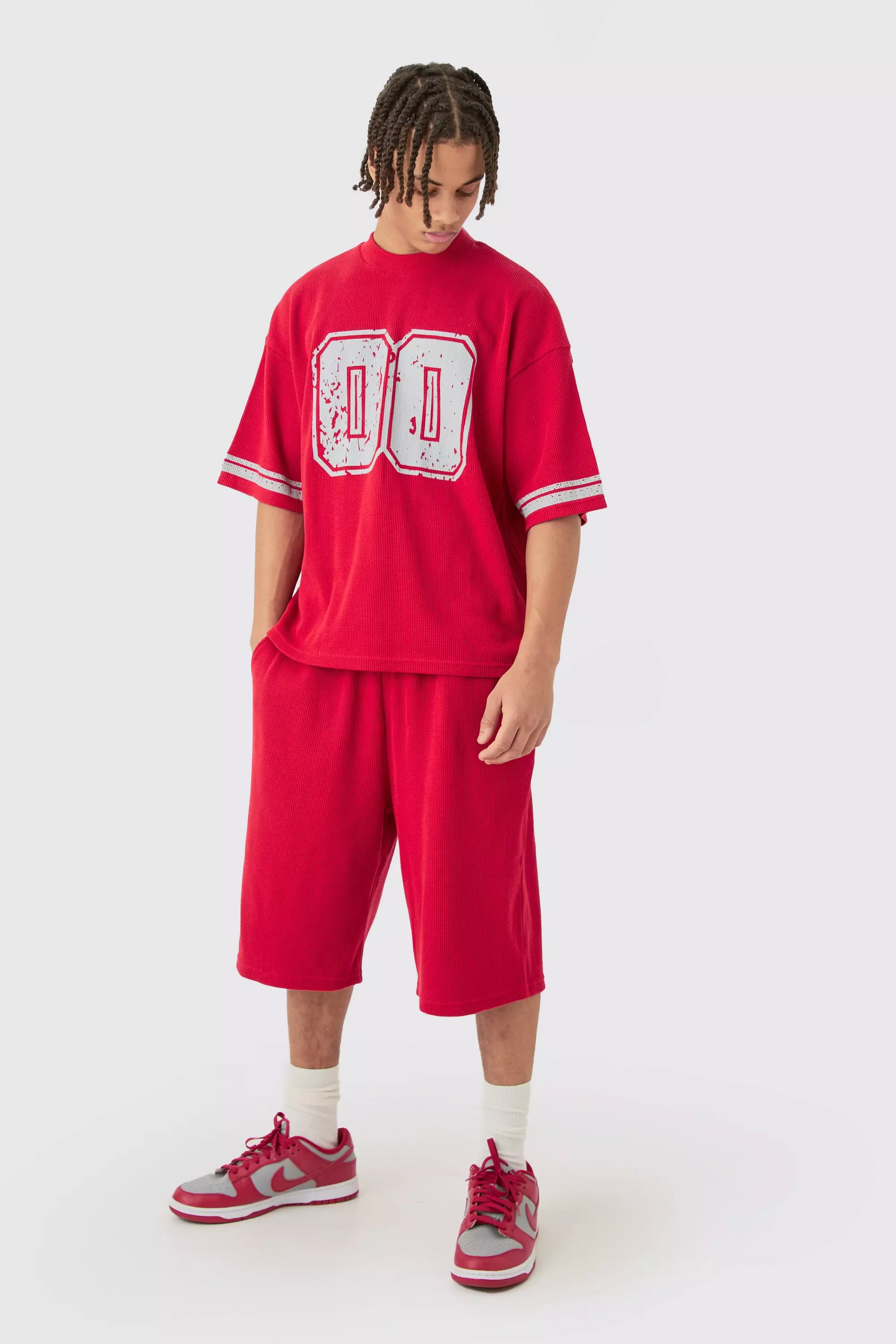 Oversized Boxy Heavyweight Waffle Varsity T-shirt & Shorts Red