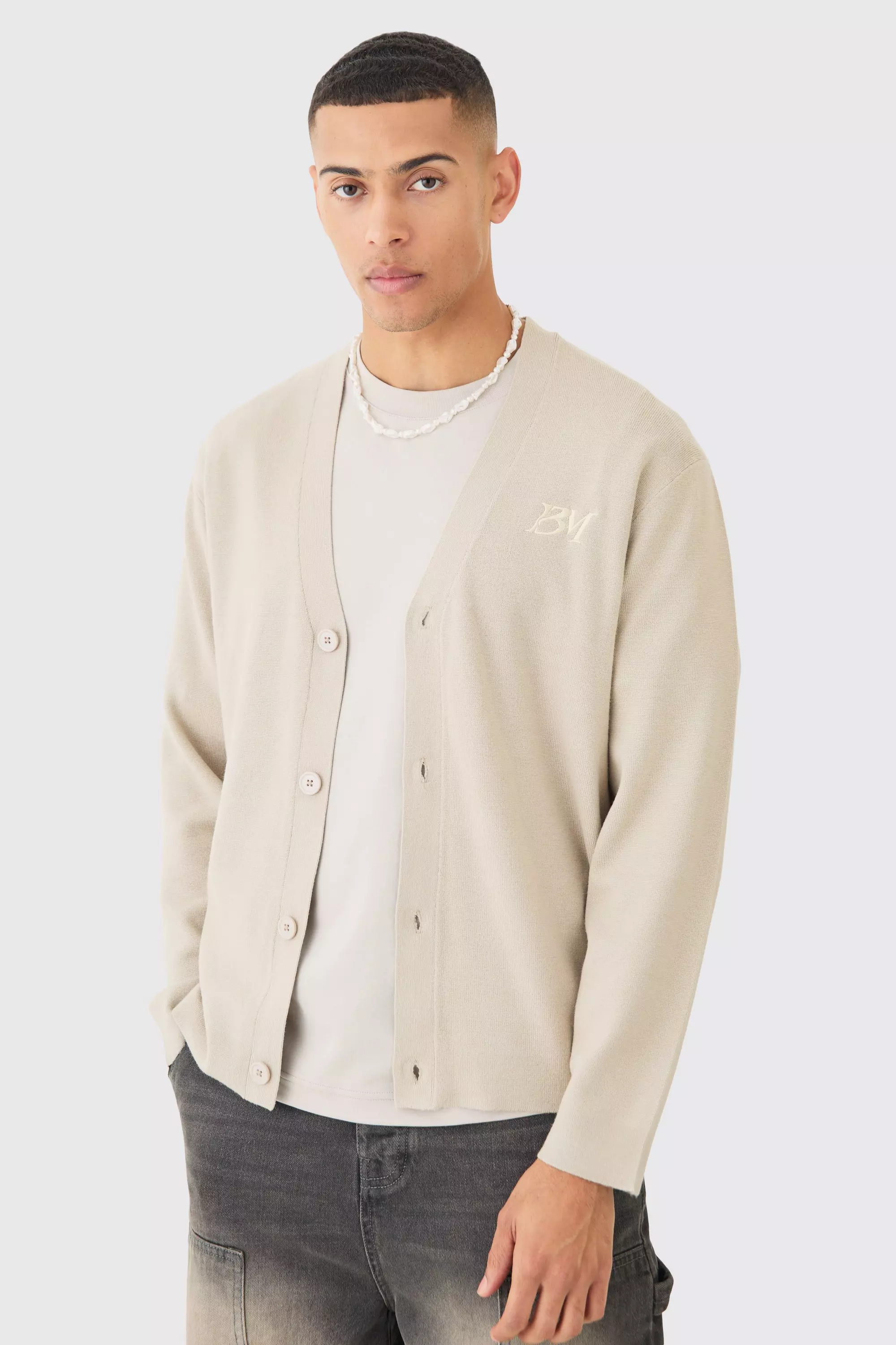 Regular Fit Man Branded Knitted Cardigan Stone