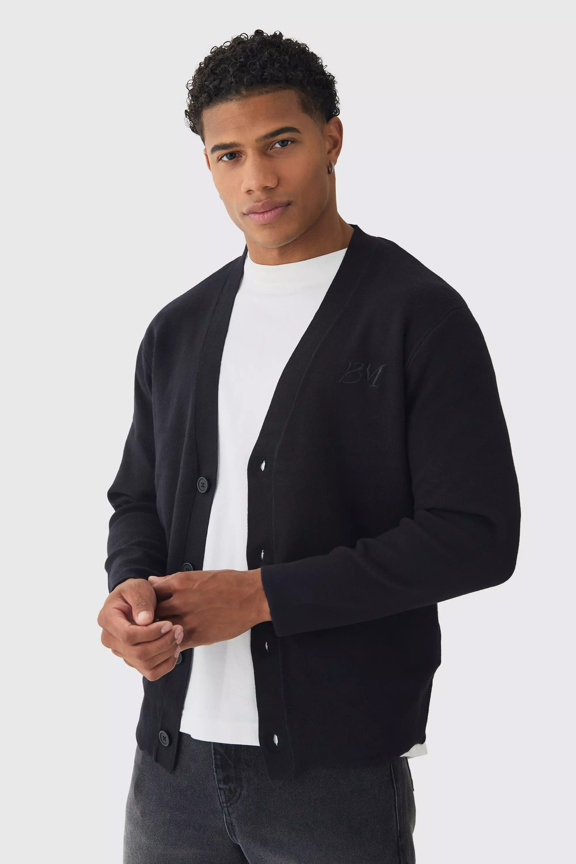 Regular Fit Man Branded Knitted Cardigan Black