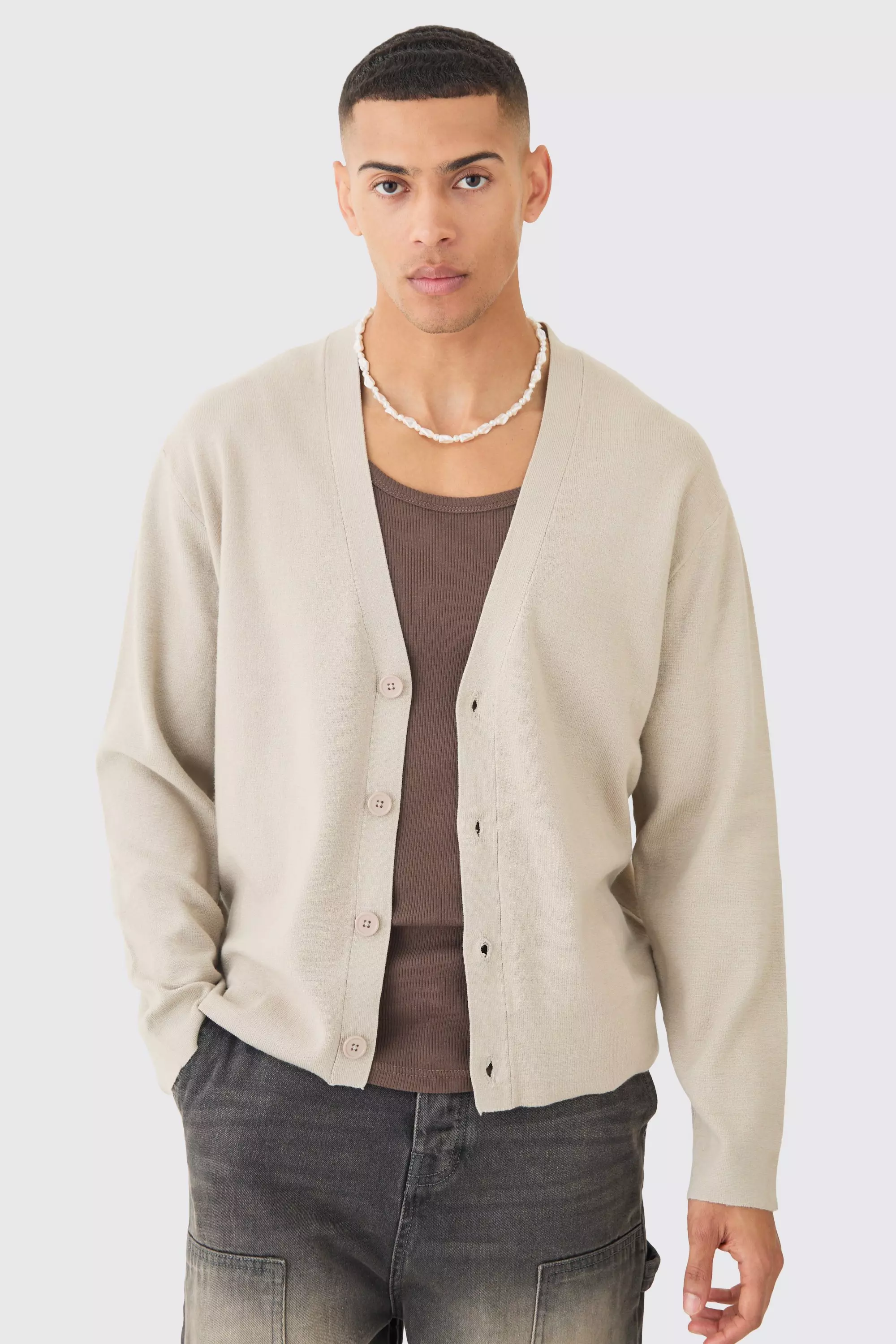 Boxy Fit Knitted Cardigan Stone