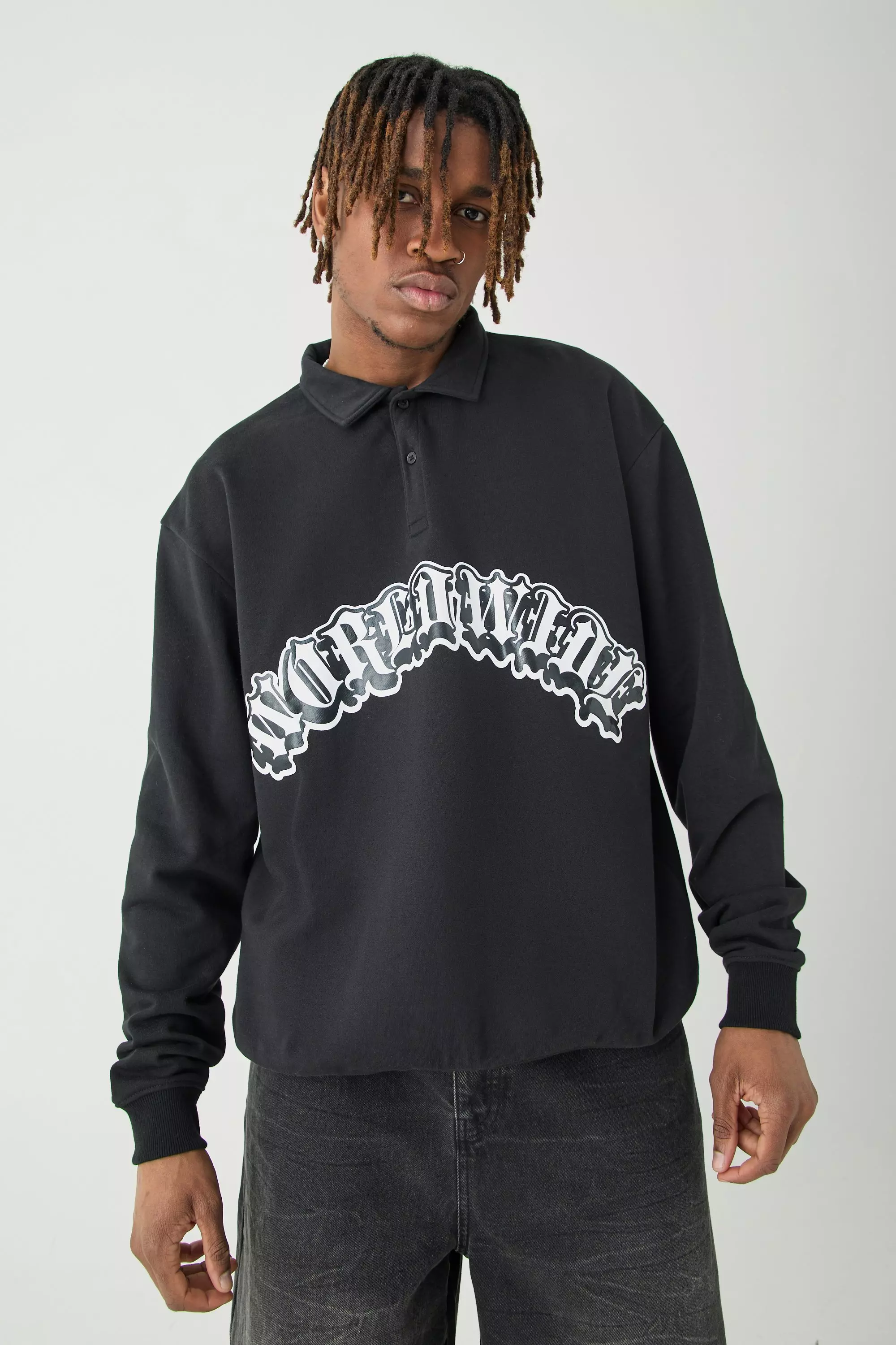 Black Tall Oversized Heavy Loopback Worldwide Rugby Shirt