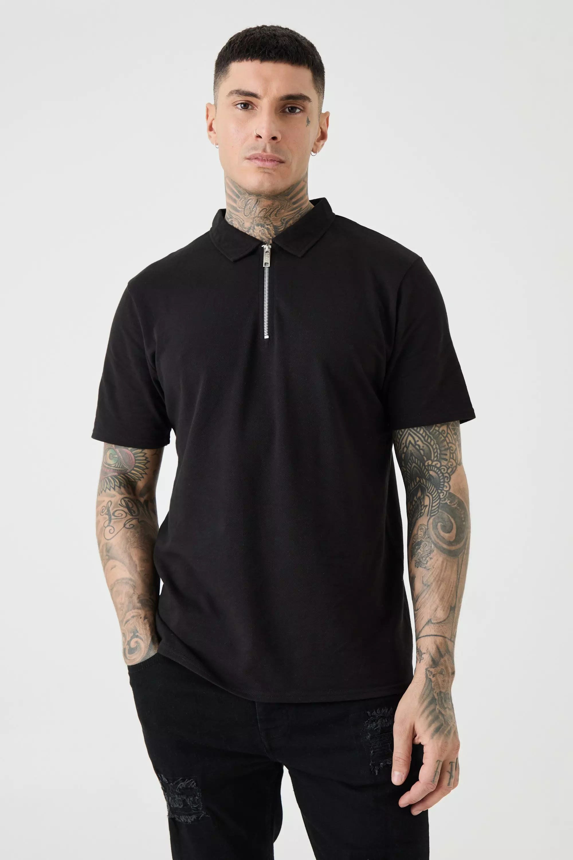 Tall 1/4 Zip Pique Polo Black