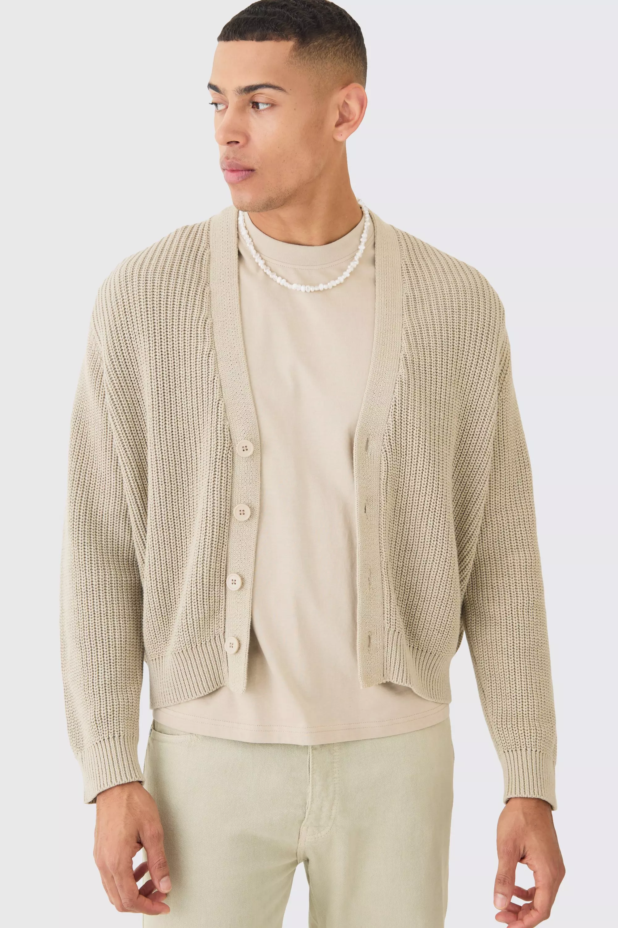 Boxy Fit Ribbed Fisherman Knit Cardigan Stone