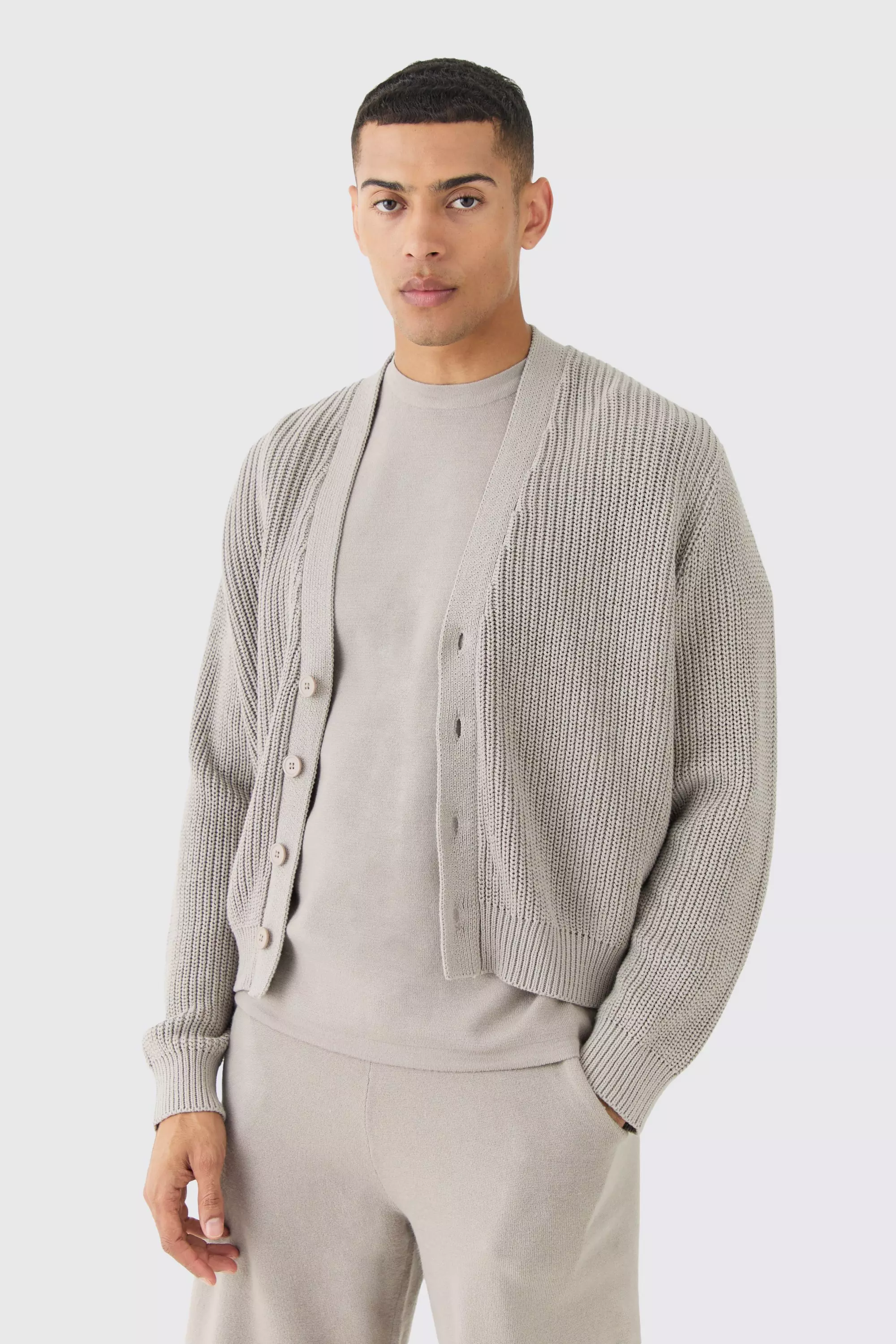 Boxy Fit Ribbed Fisherman Knit Cardigan Light grey