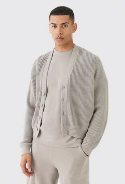 Grey Boxy Fit Ribbed Fisherman Knit Cardigan