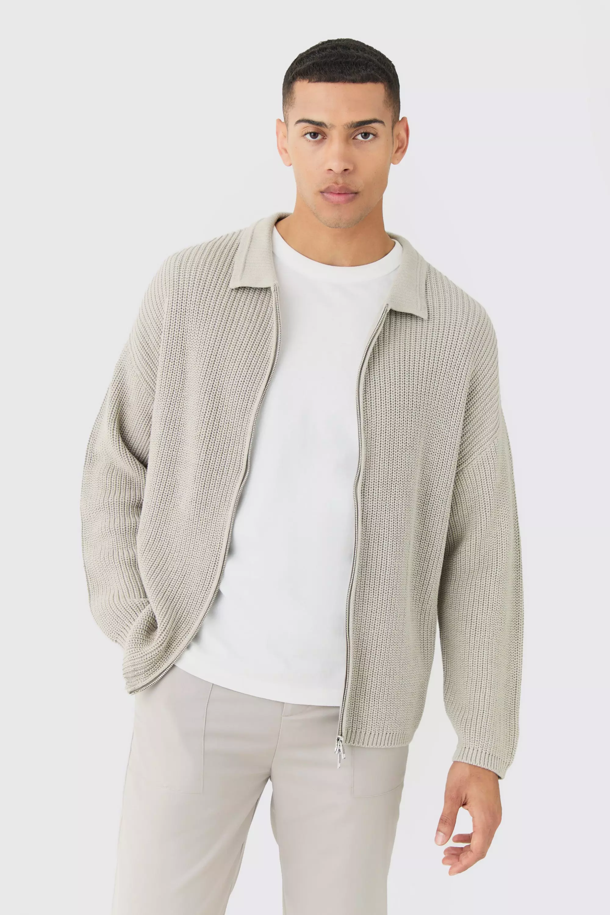 Grey Regular Fit Dual Zip Through Fisherman Knit Sweater