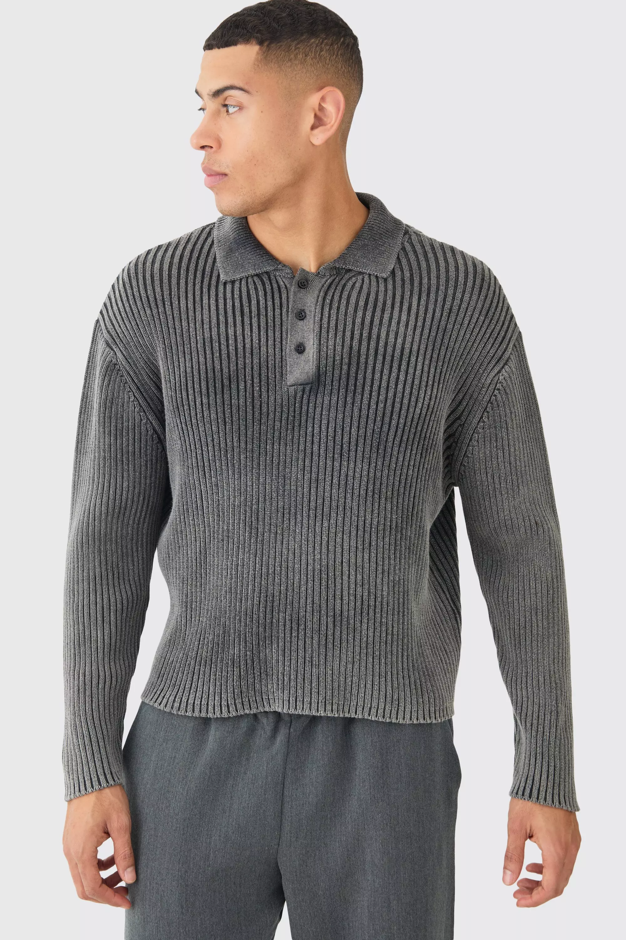 Black Oversized Boxy Acid Wash Ribbed Knit Polo In Black