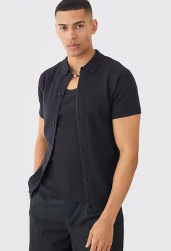Black Regular Fit Short Sleeve Knitted Shirt