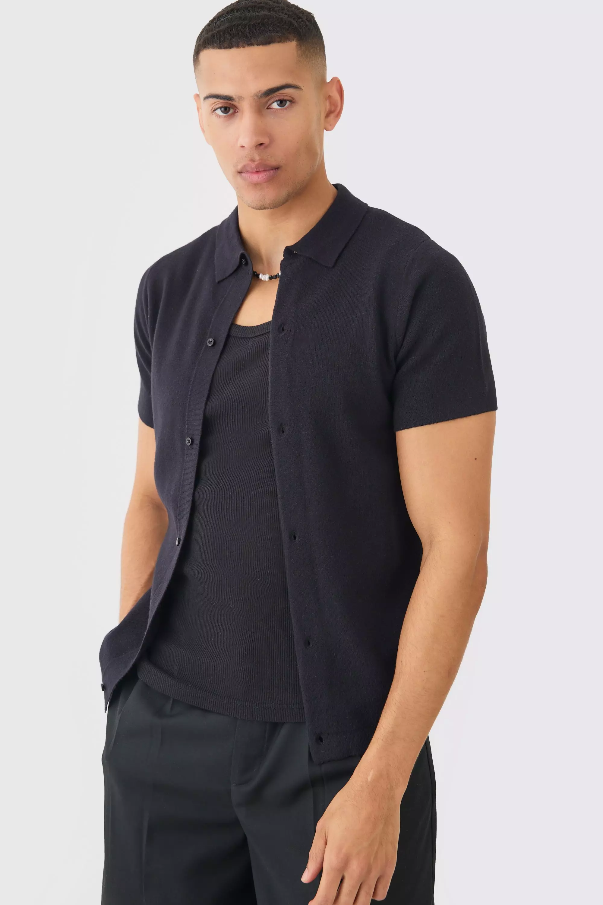 Regular Fit Short Sleeve Knitted Shirt Black