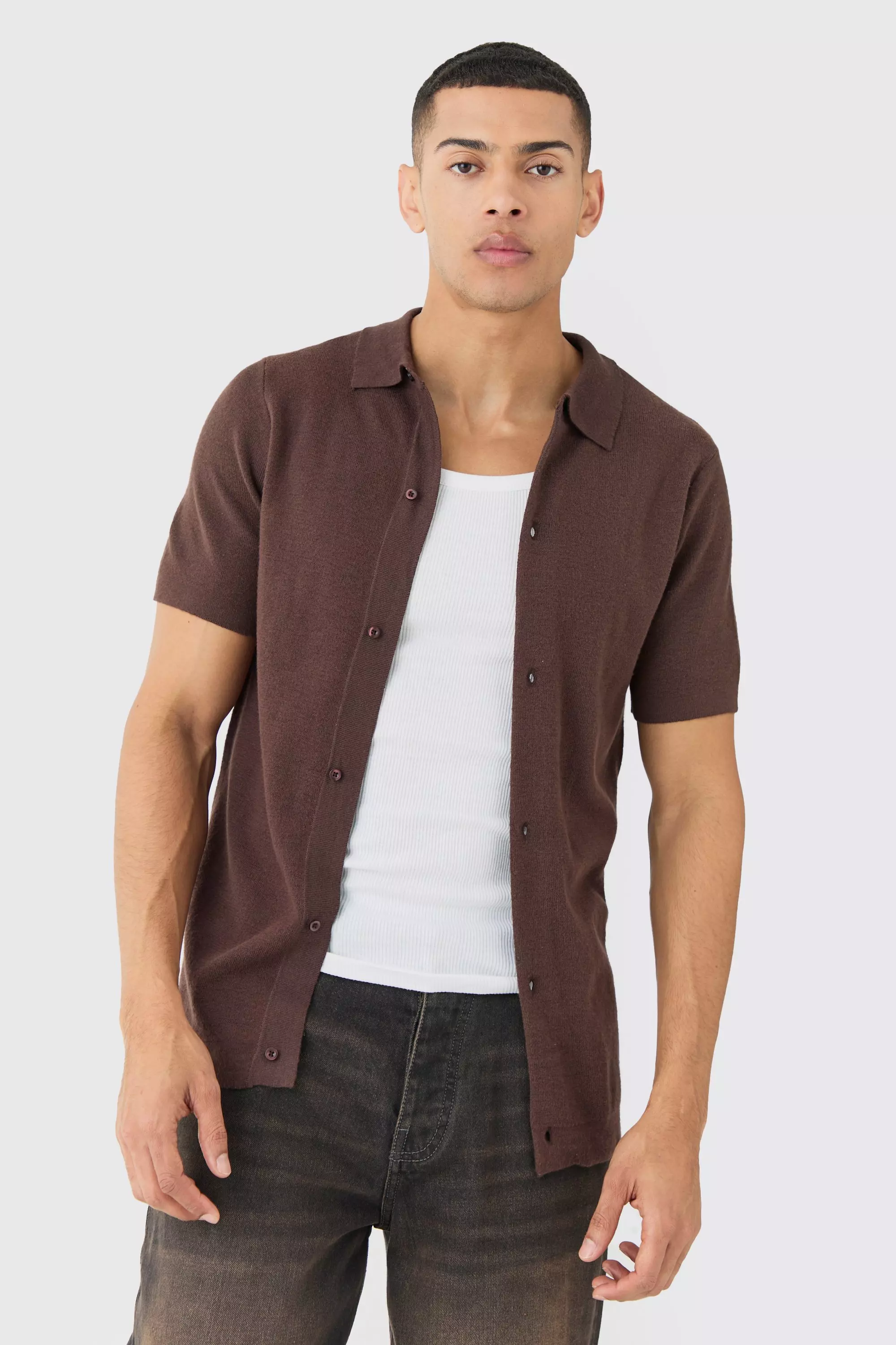 Chocolate Brown Regular Fit Short Sleeve Knitted Shirt