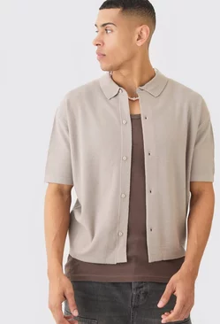 Grey Oversized Boxy Fit Short Sleeve Knitted Shirt