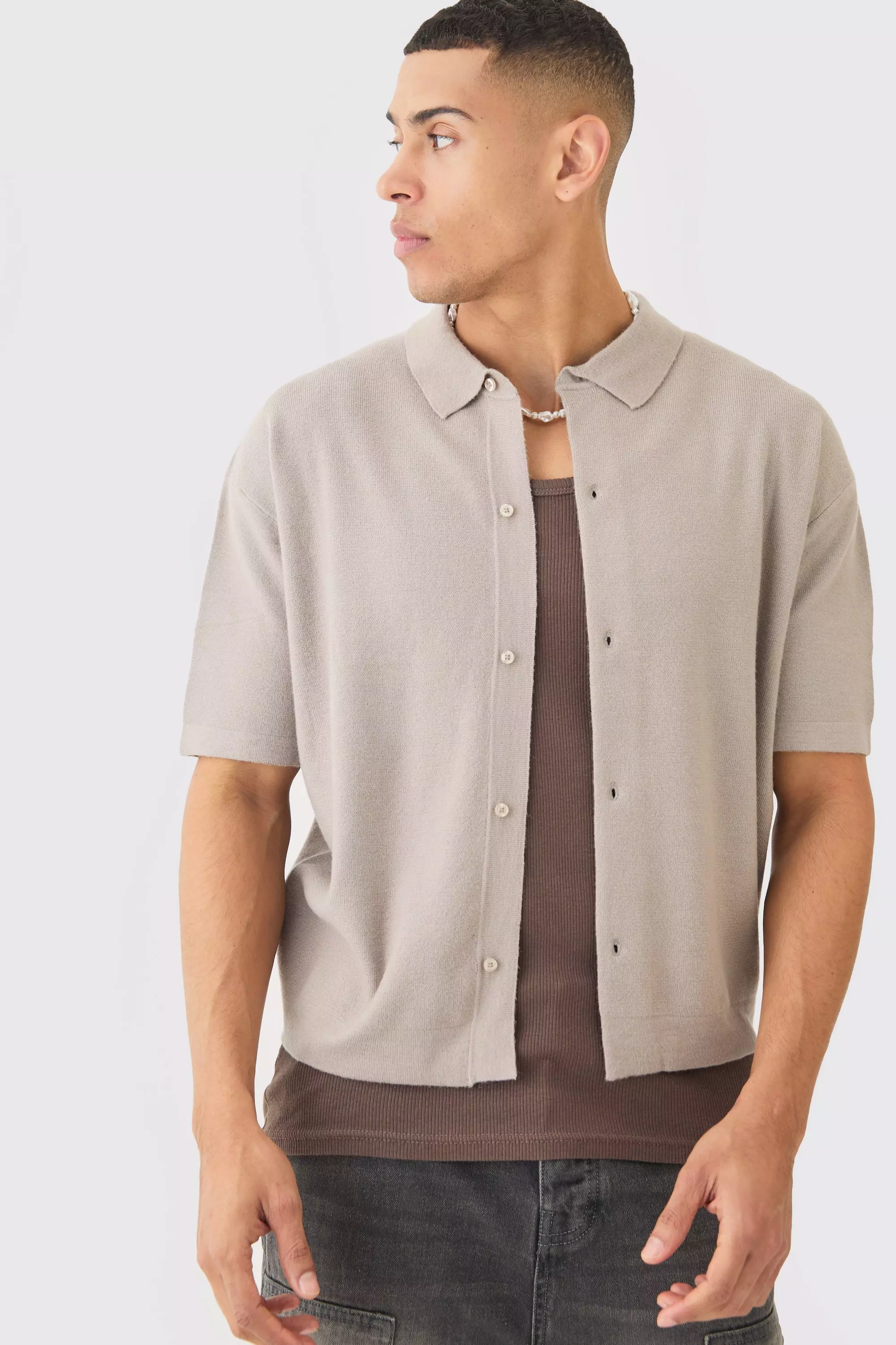 Oversized Boxy Fit Short Sleeve Knitted Shirt Light grey