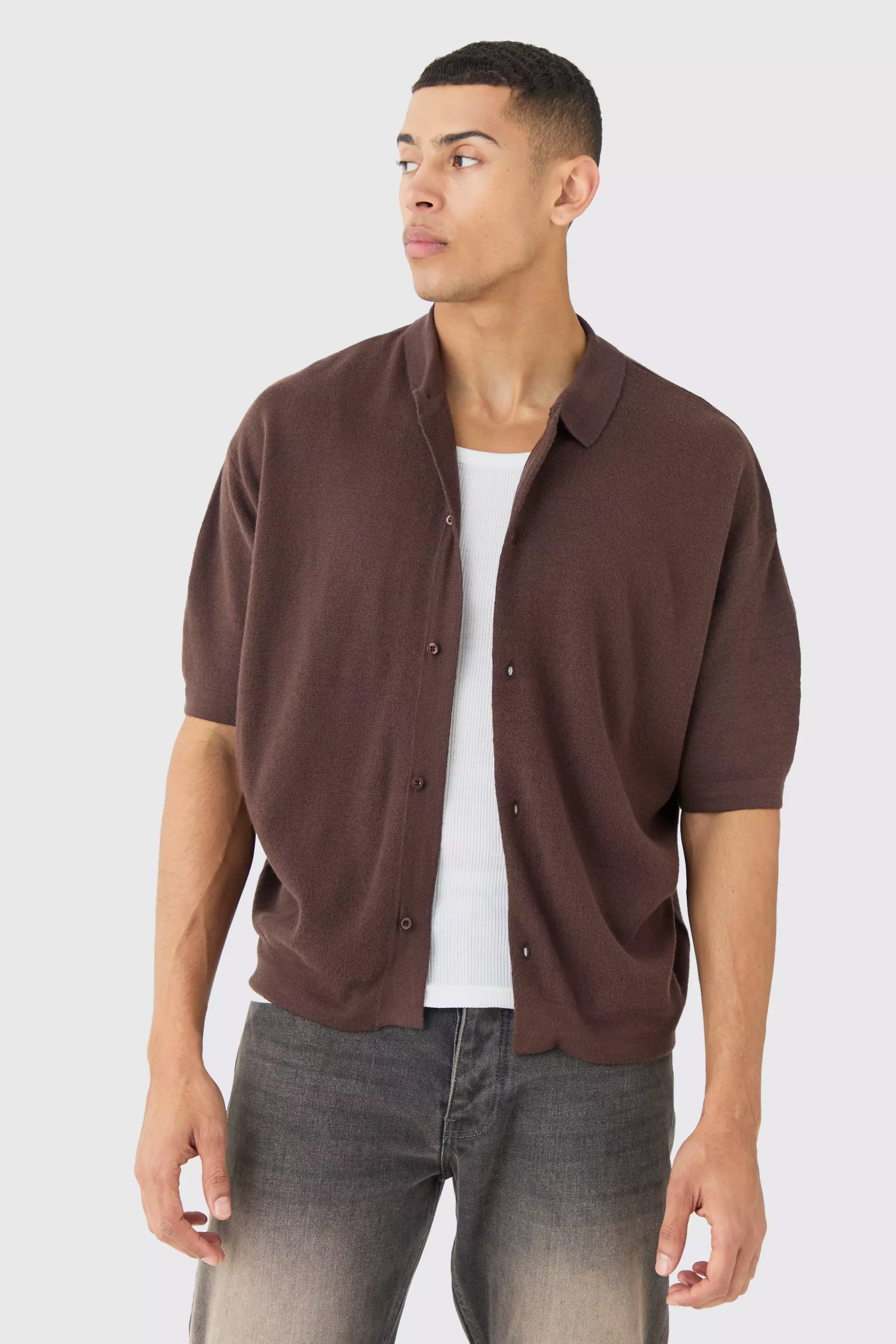Chocolate Brown Oversized Boxy Fit Short Sleeve Knitted Shirt