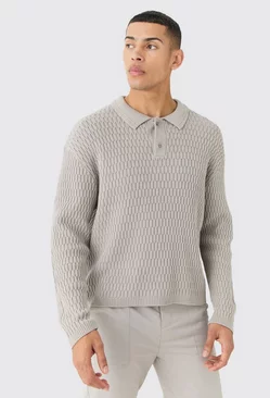 Grey Regular Long Sleeve Textured Knit Polo