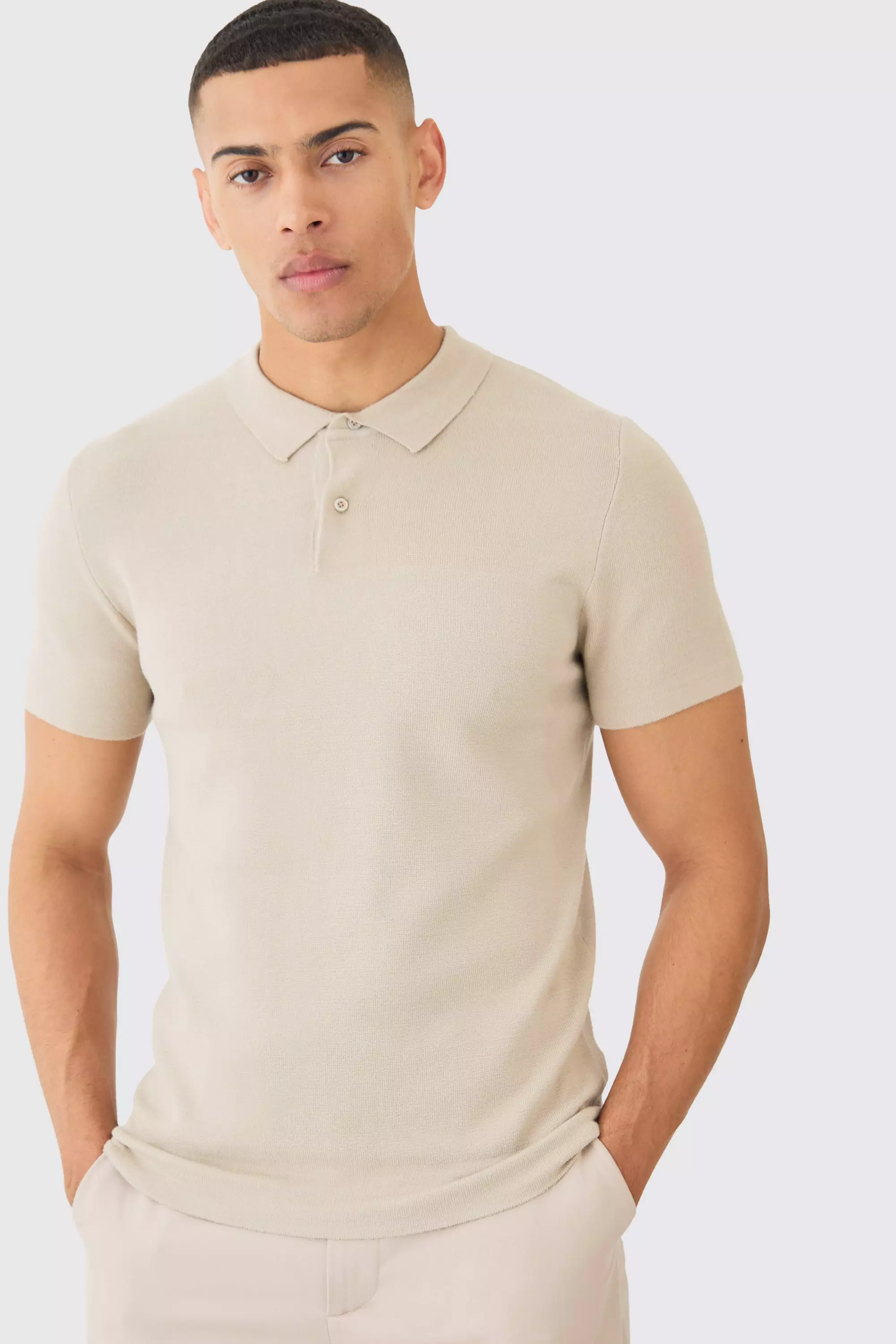 Regular Fit Button Up Knitted Polo Stone