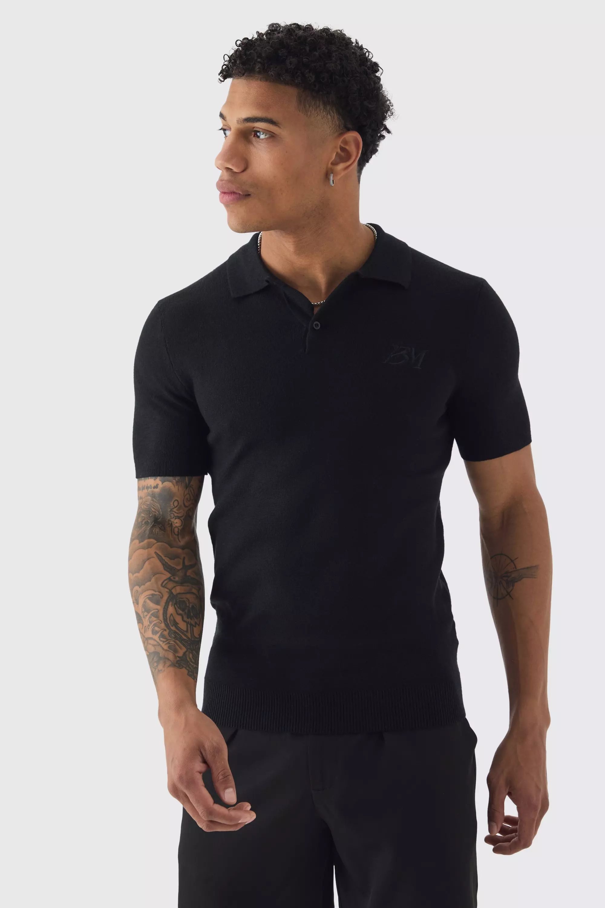 Muscle Fit Man Branded Knitted Polo Black