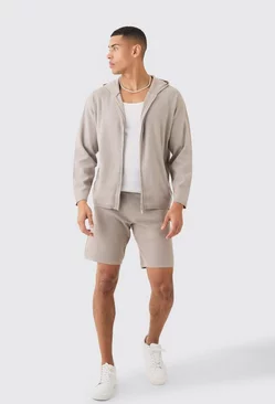 Knitted Zip Through Hooded Short Tracksuit Light grey