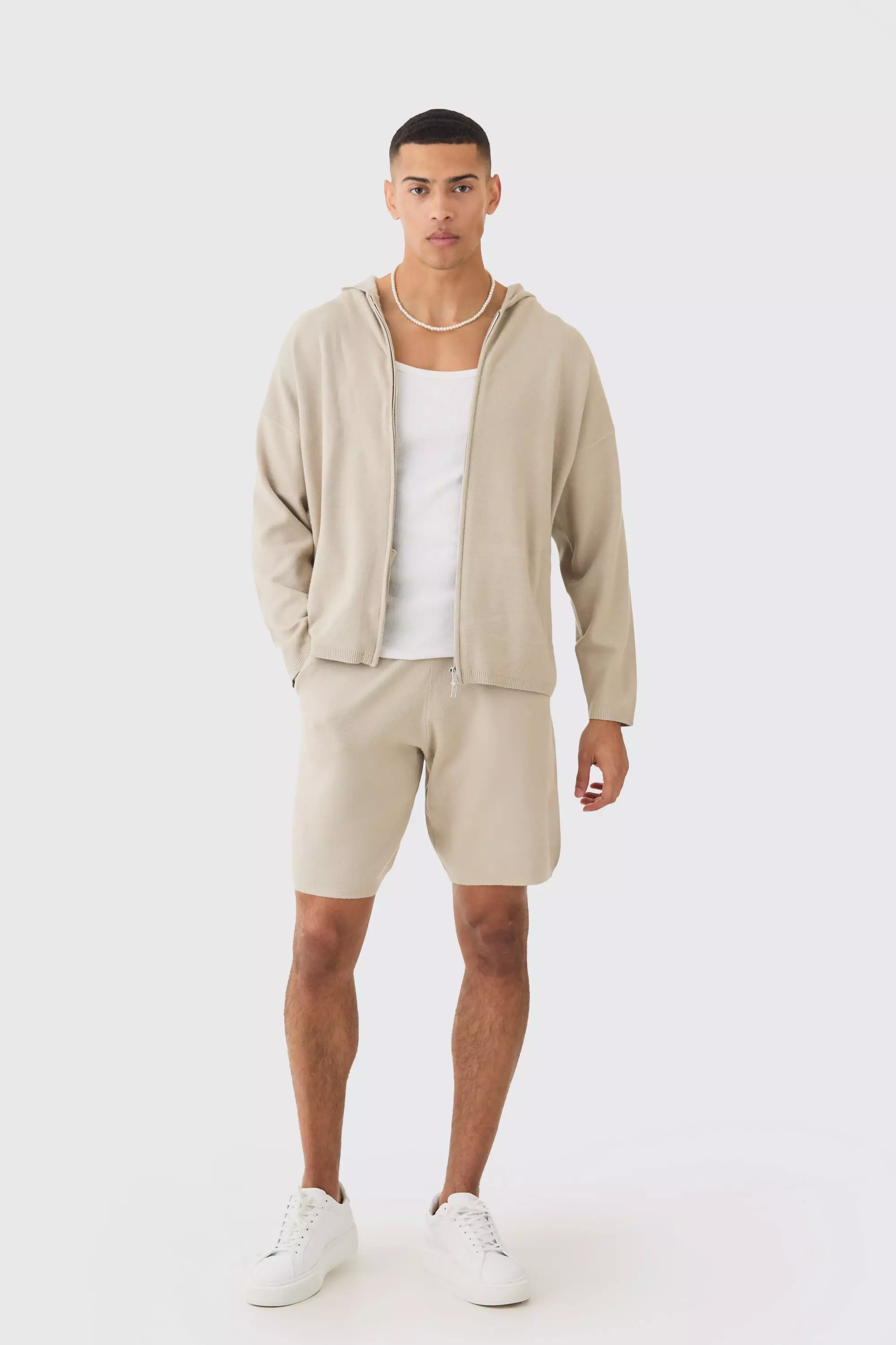 Knitted Zip Through Hooded Short Tracksuit Stone