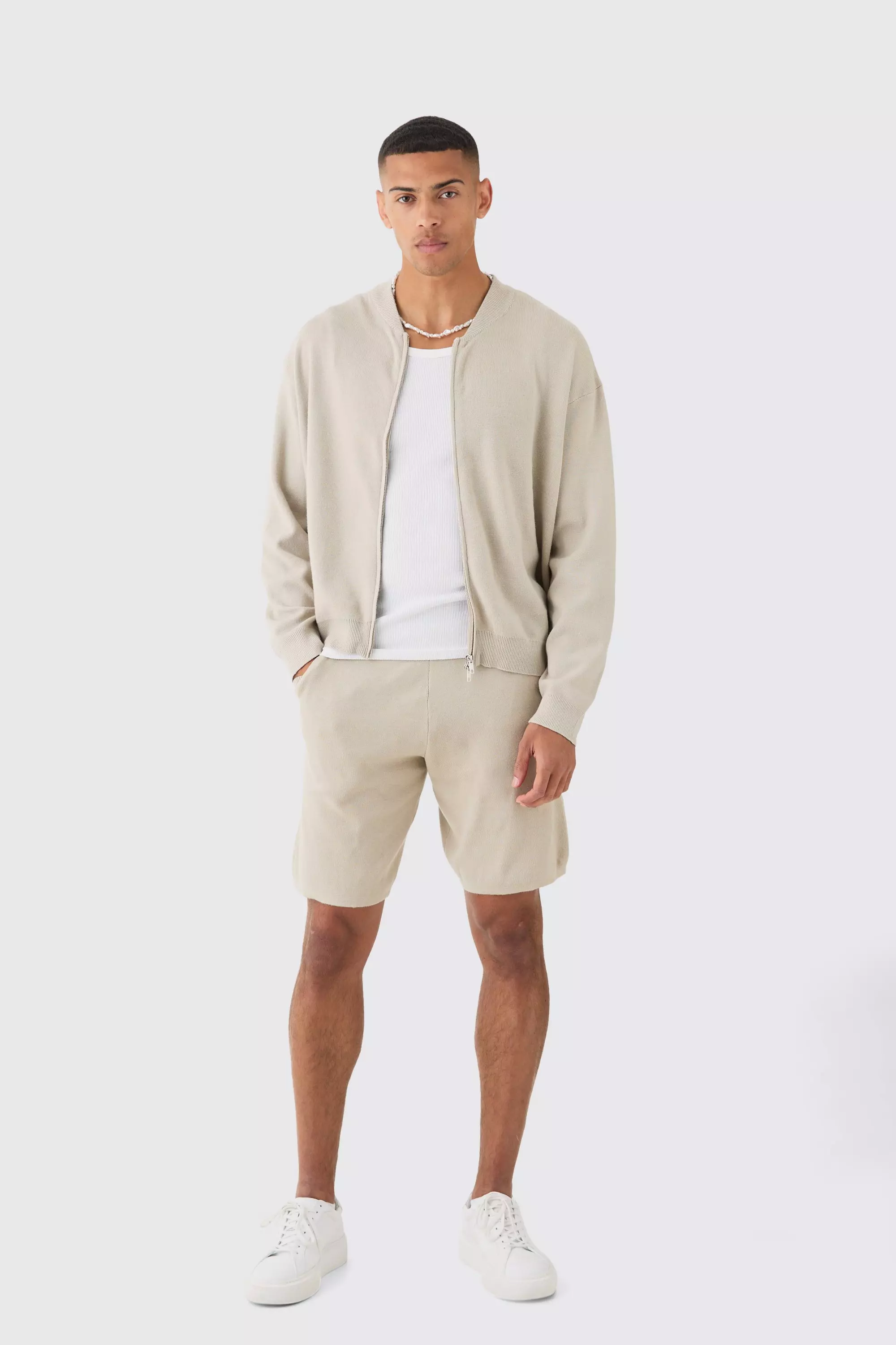 Stone Beige Knitted Sweater Short Tracksuit