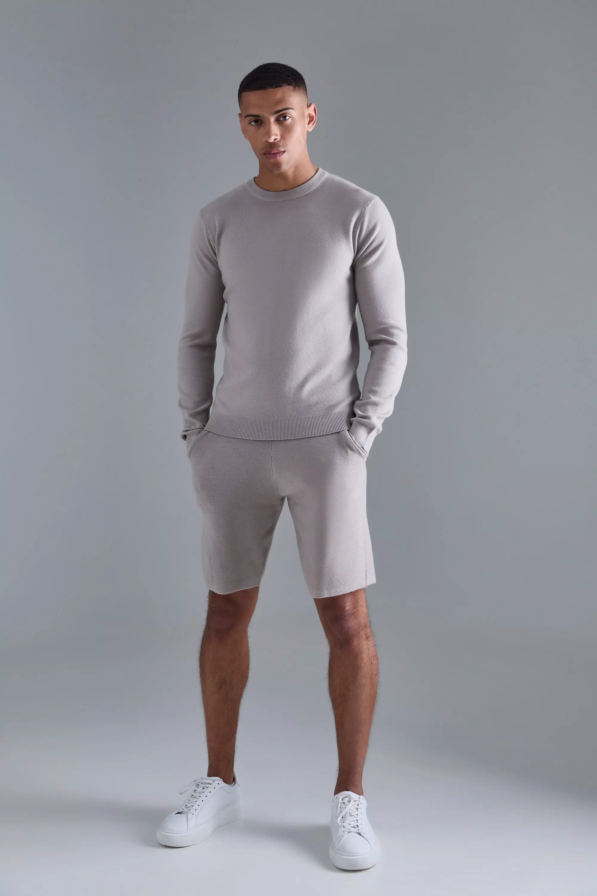 Grey Knitted Sweater Short Tracksuit