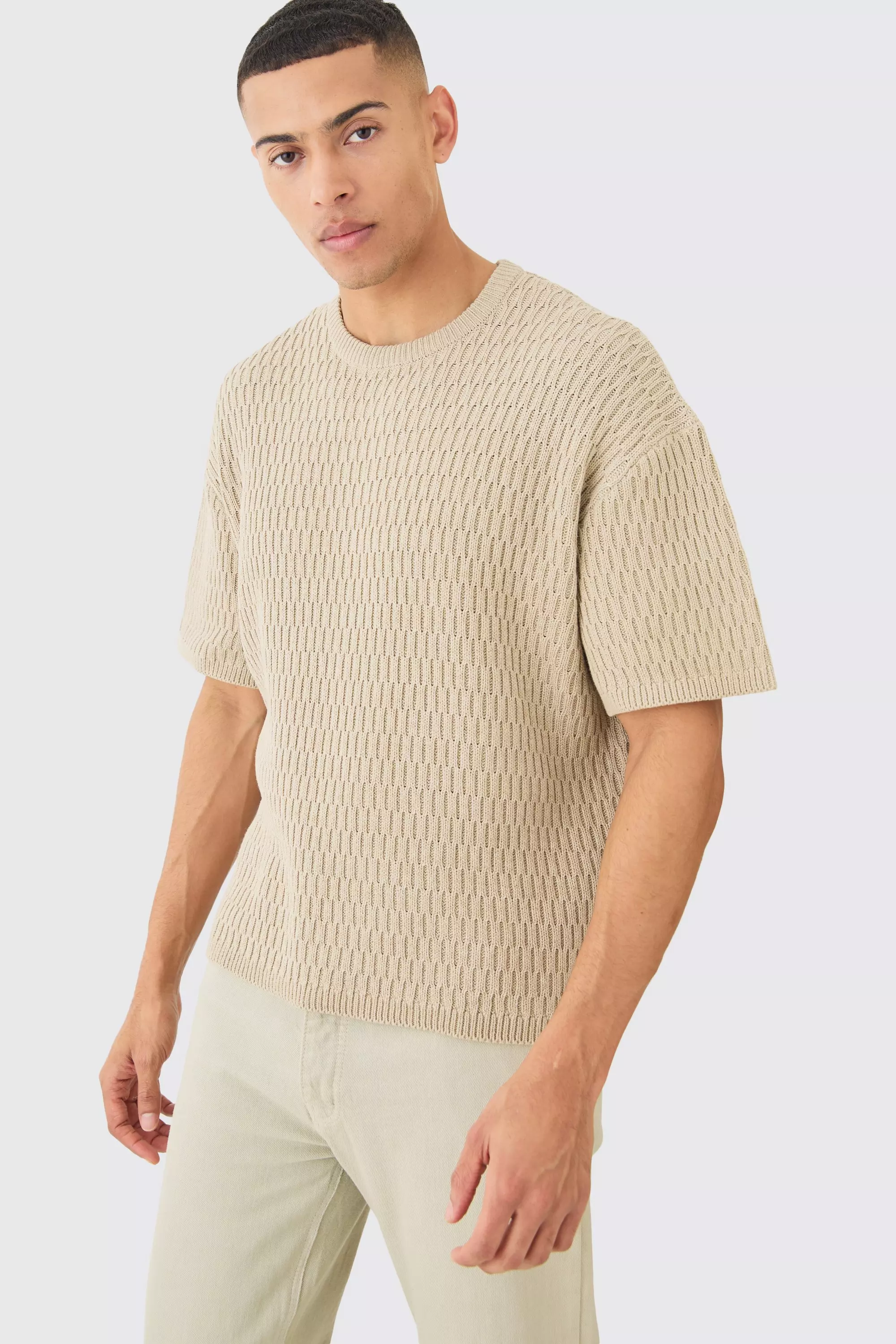 Oversized Textured Open Knit T-shirt Stone