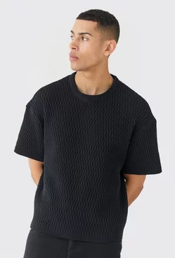 Oversized Textured Open Knit T-shirt Black