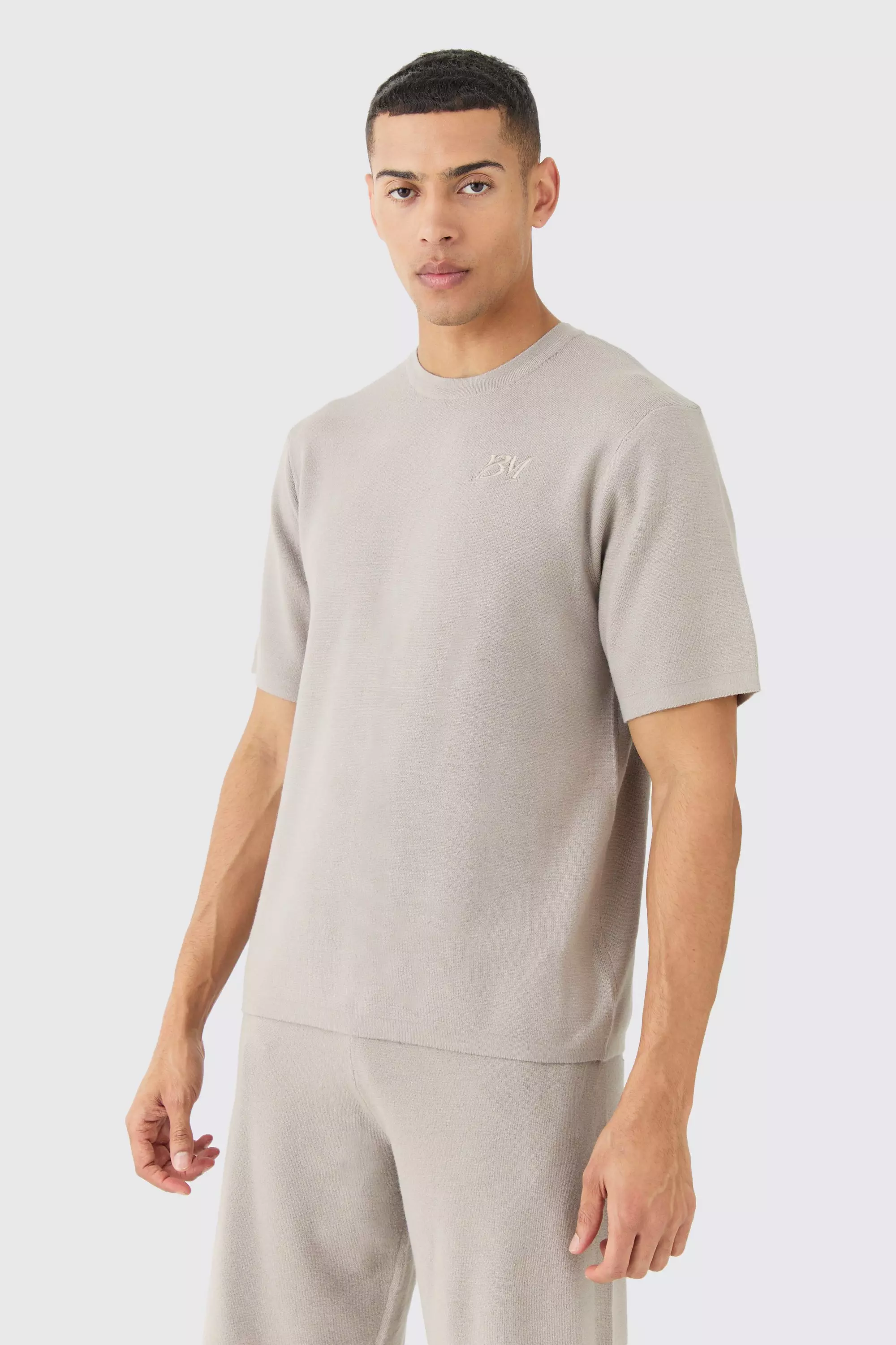 Regular Fit Man Branded Knitted T-shirt Light grey