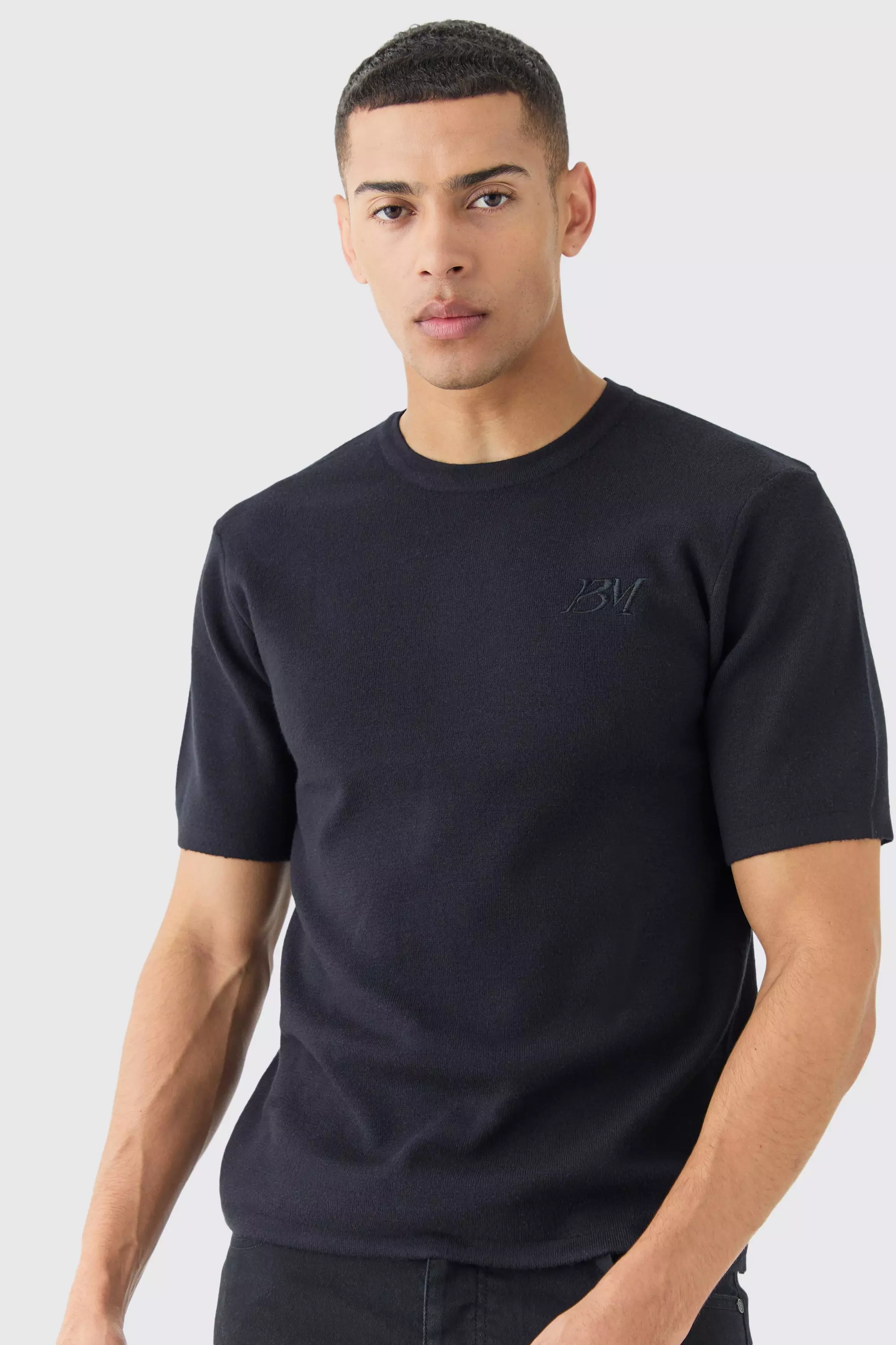 Regular Fit Man Branded Knitted T-shirt Black