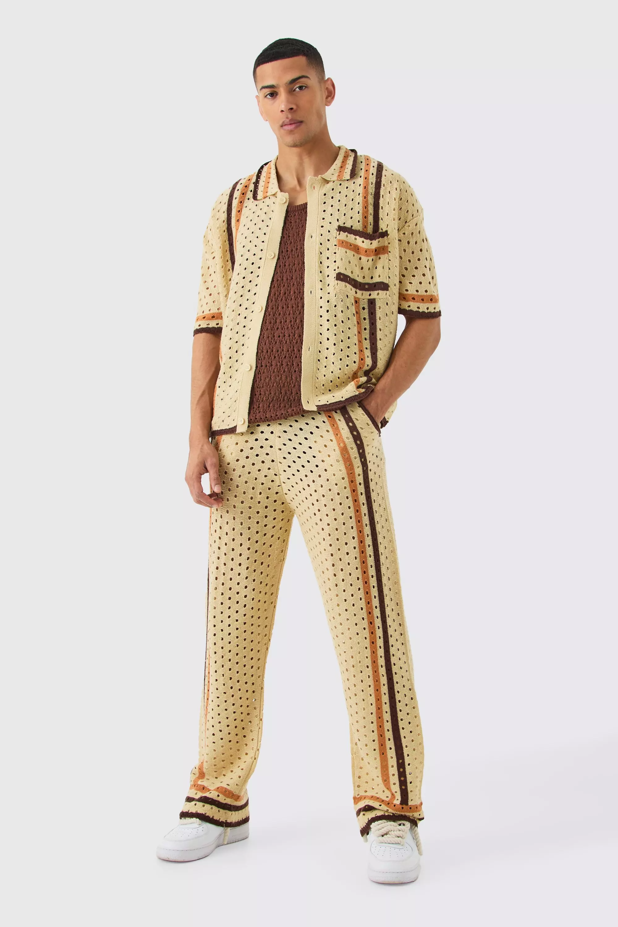 Stone Beige Boxy Open Stitch Polo Trouser Knitted Set