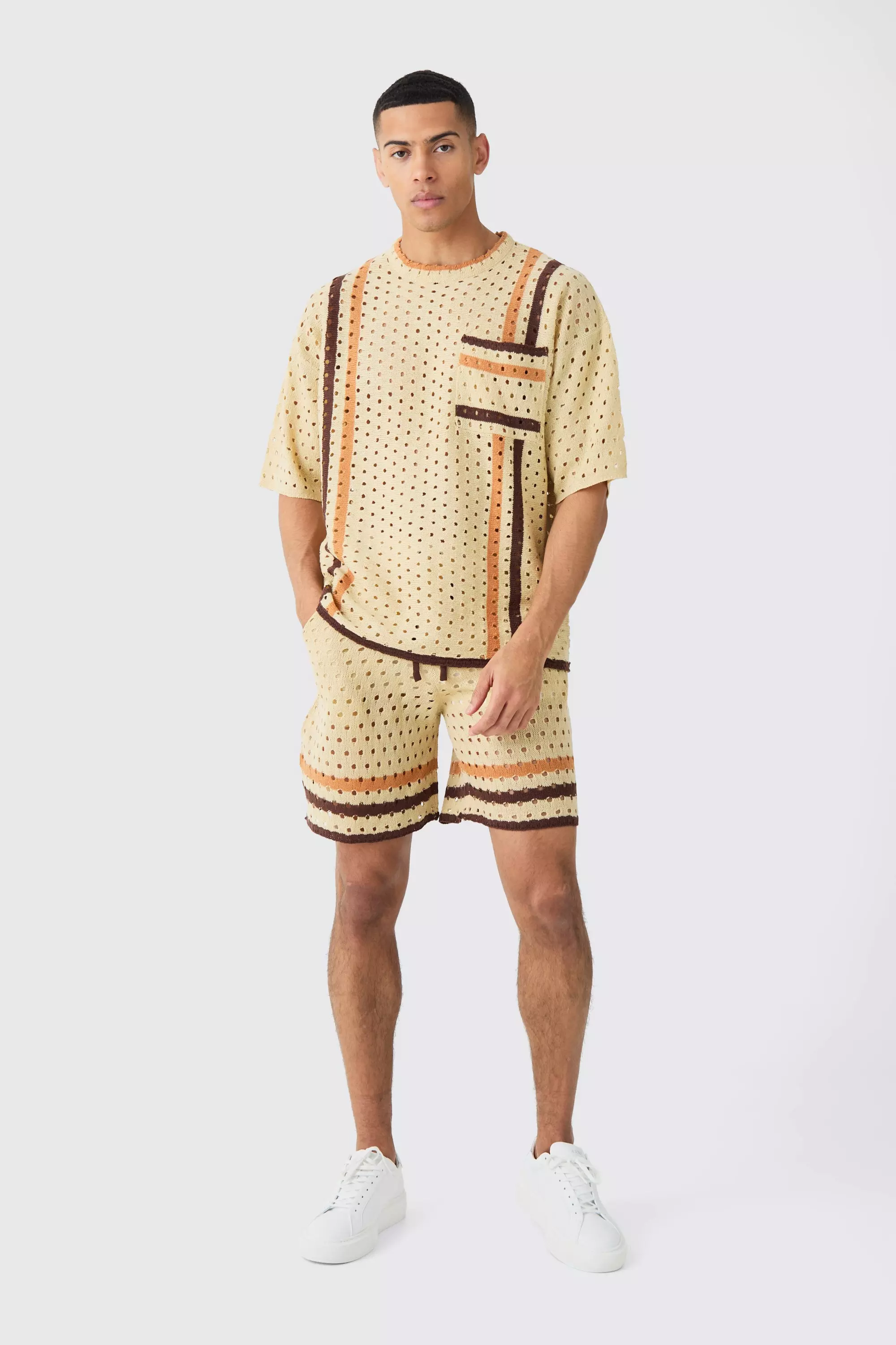 Oversized Open Stitch T-shirt Short Knitted Set Stone