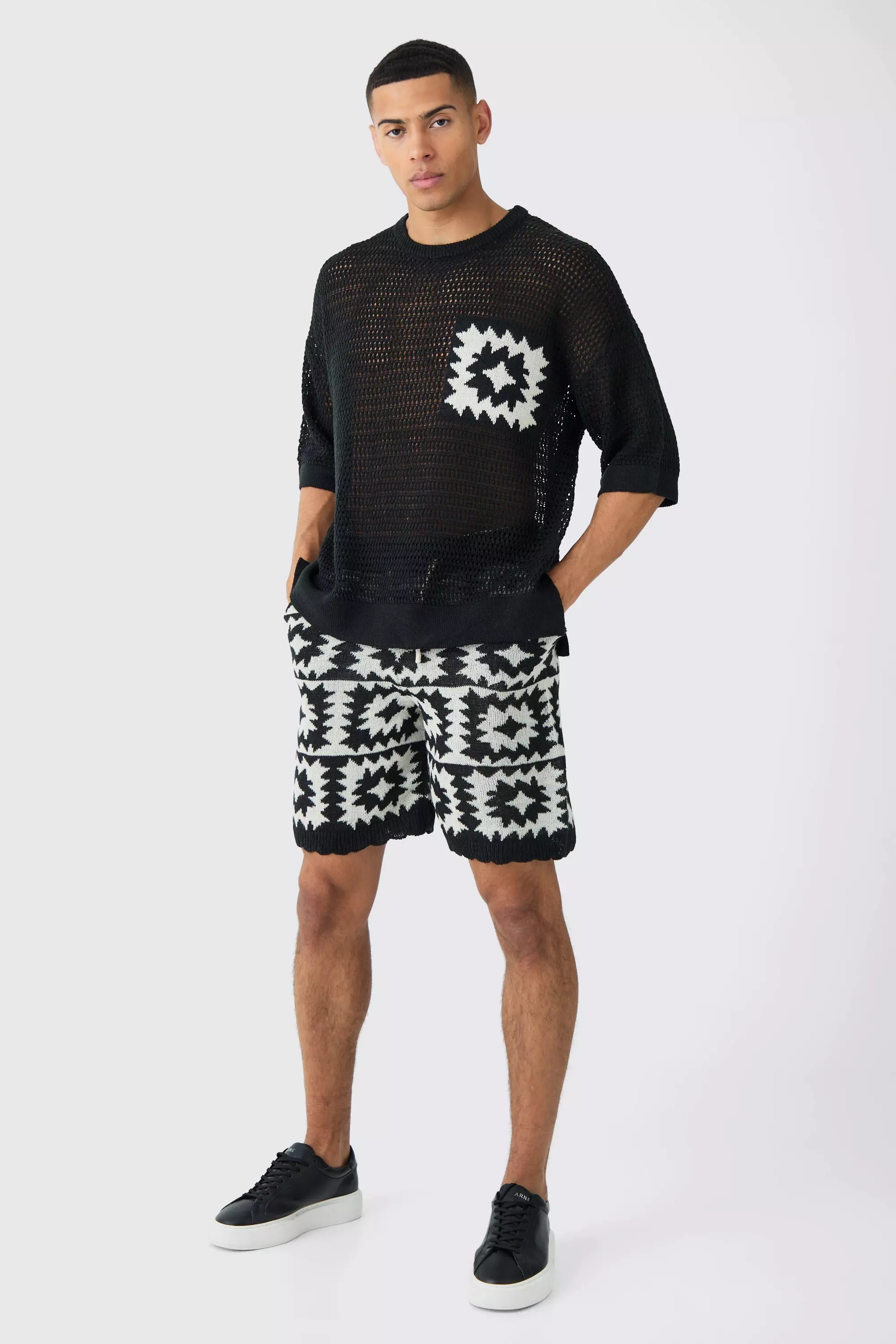 Oversized Open Stitch Crochet Short Knitted Set Black