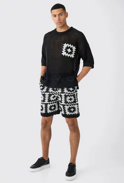 Black Oversized Open Stitch Crotchet Short Knitted Set