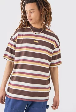 Brown Oversized Carded Heavy Striped Ofcl T-shirt